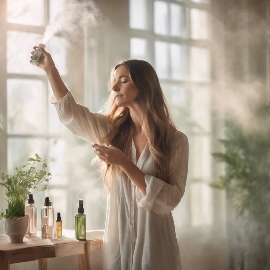 テーブルの上に植物が置かれた日当たりの良い部屋で、薄いローブを着た女性がボトルからミストを噴射しています。
