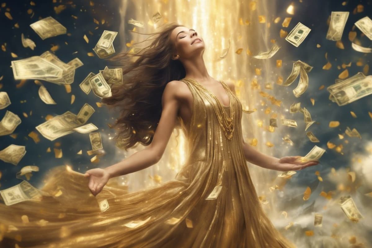 ゴールドのドレスを着た女性が、ドル紙幣と金貨が彼女の周りに流れ落ちる中、楽しそうに立っており、輝く背景がマネーマジックの感覚で輝いています。