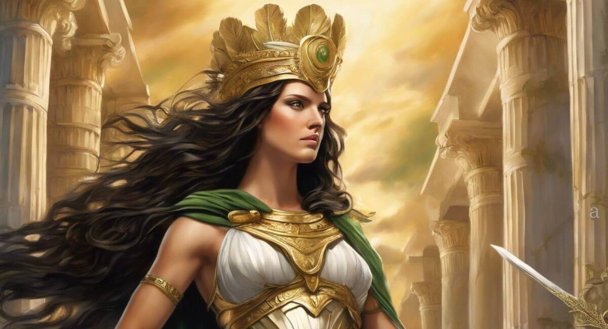 古代の鎧を着て王冠をかぶり、女神の優雅さを体現した堂々とした女性が、金色の空の下、古典的な建築物の中に堂々と立っています。アテナ　メモリーオイル